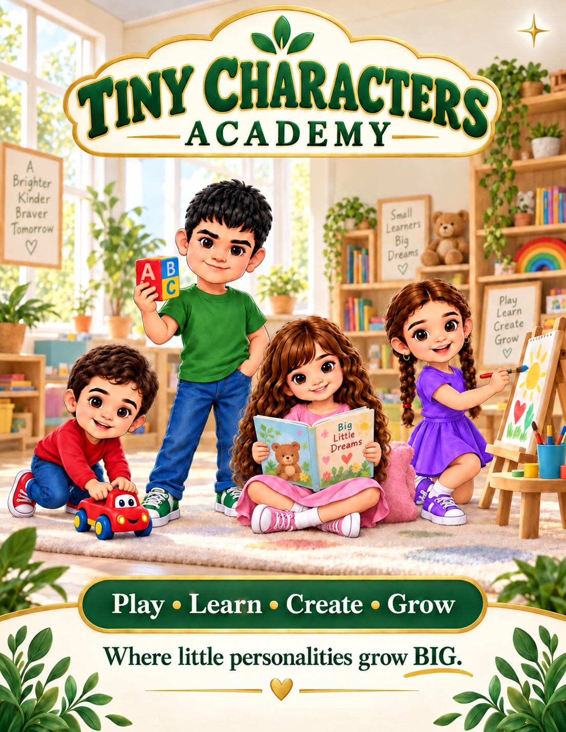 The original Tiny Characters Academy characters: Gika, Mika, Liza, and Iza learning and playing in their classroom